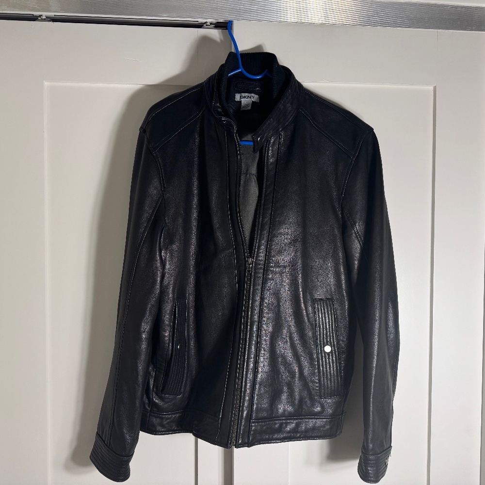 DKNY Mens Modern Lamb Leather Racer Jacket - Medium